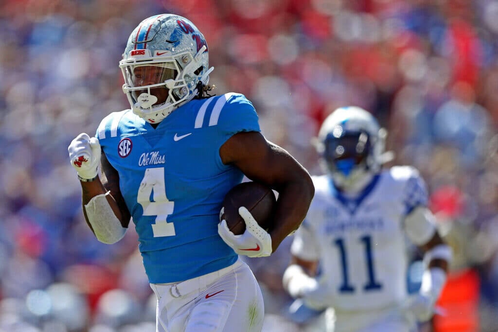 OXFORD, MISSISSIPPI - OCTOBER 01: Quinshon Judkins #4 of the Mississippi Rebels carries the ball during the first half against the Kentucky Wildcats at Vaught-Hemingway Stadium on October 01, 2022 in Oxford, Mississippi. (Photo by Justin Ford/Getty Images)